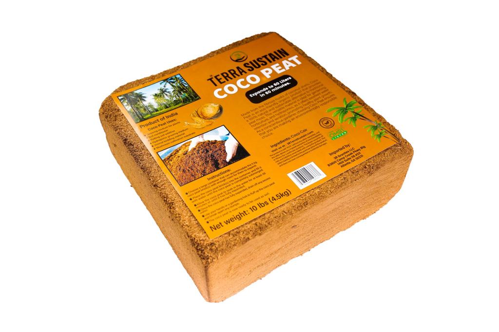 Terra Sustain Coco Peat for Plants, 10# Compressed Block, 100% Organic and Sustainable, Expands to 16gal